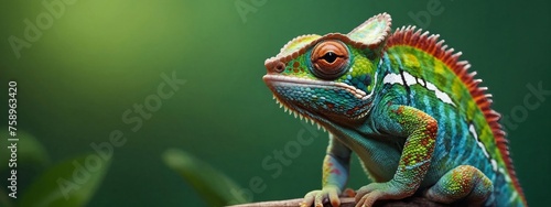 Colorful colored chameleon on brunch  lizard close up with big eye  on a solid color background  Banner with Space for Copy  flowers  panorama background 