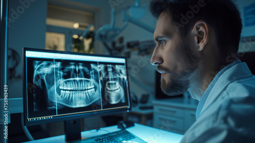 A doctor, dentist, examining digital X-rays of teeth on a computer screen
