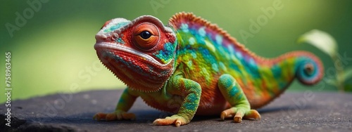 Colorful colored chameleon  lizard close up with big eye  on a solid color background  Banner with Space for Copy  panorama background 