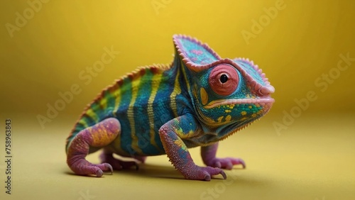 Colorful colored chameleon  lizard close up with big eye  on a solid color background  Banner with Space for Copy  panorama background 