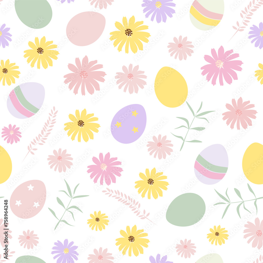 Vector illustration. Happy Easter. Seamless pattern with Easter eggs, spring flowers in pastel colors on a white background. Wrapping paper, printing on fabric, wallpaper