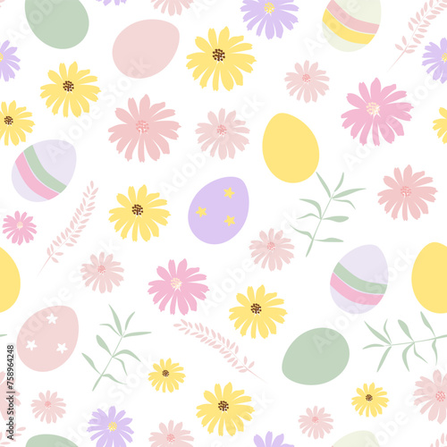 Vector illustration. Happy Easter. Seamless pattern with Easter eggs  spring flowers in pastel colors on a white background. Wrapping paper  printing on fabric  wallpaper