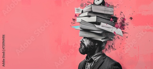 Conceptual collage portrait. A profile of a bearded man with a stack of books and an alarm clock atop his head against a vibrant pink background, knowledge or time management photo