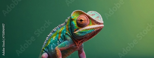 Colorful colored chameleon, lizard close up with big eye, on a solid color background, Banner with Space for Copy, panorama background 