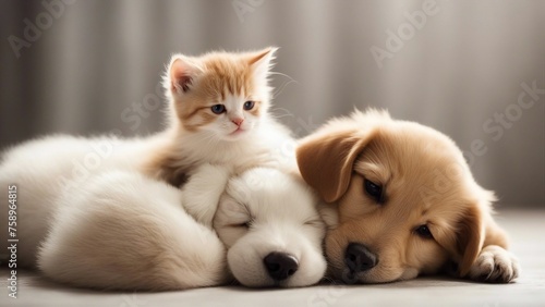 puppy and kitten Group of pets kitten and puppy 