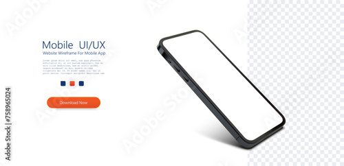 A modern smartphone mockup floating at an angle against a transparent background, perfect for presenting app designs. Sleek Smartphone Mockup Floating Diagonally with Shadows
