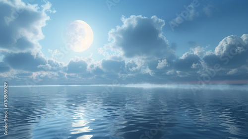 A serene full moon night vista showcasing a tranquil countryside enveloped in the soft glow of the moon photo