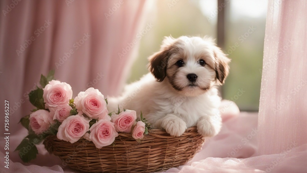 puppy in basket fluffy reddish Havanese puppy with sparkling eyes, wearing a tiny bow, sitting in a basket filled with pink roses rose puppy in basket fluffy reddish Havanese puppy with sparkling eyes, wearing a tiny bow, sitting in a basket filled with pink roses rose