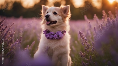 golden retriever A dancing puppy with a flower garland around its neck, sitting in a field of lavender, 