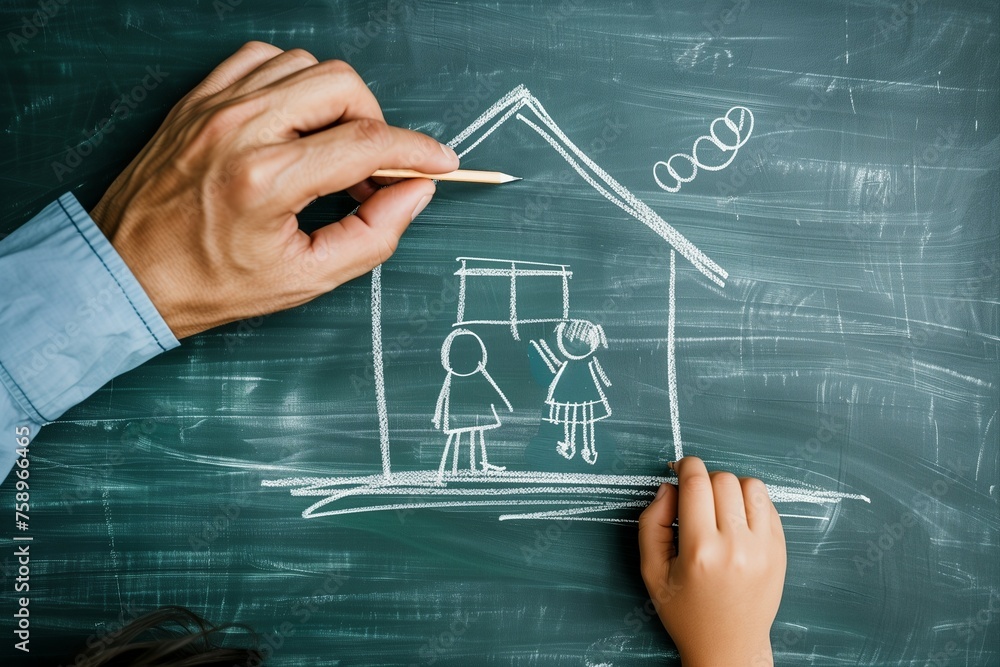 A man drawing a roof over a family on chalkboard, emphasizing home ownership concept