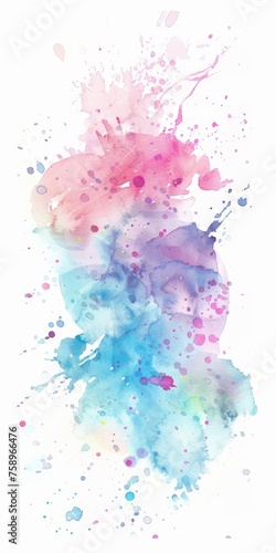 Soft pink clouds and vibrant blue droplets merge in a dreamy watercolor dance on white.