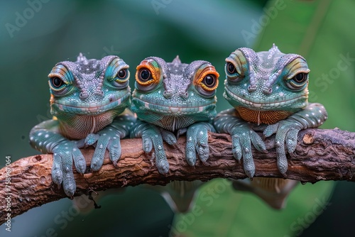 Chamaleon Baby group of animals hanging out on a branch, cute, smiling, adorable © Andrea Izzotti