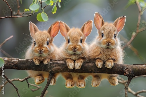 Hare Baby group of animals hanging out on a branch, cute, smiling, adorable