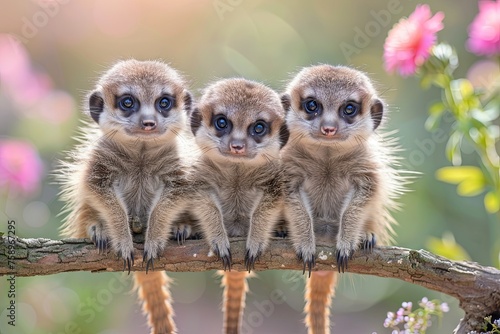 meerkat Baby group of animals hanging out on a branch, cute, smiling, adorable