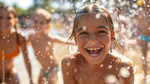 kids play in a splash pad, their laughter echoing as they run through streams of water. Summer vacation time. © Mangsaab