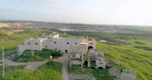 Aerial view of ancient fort ruins in Migdal Tsedek National Park, Central District, Israel. photo