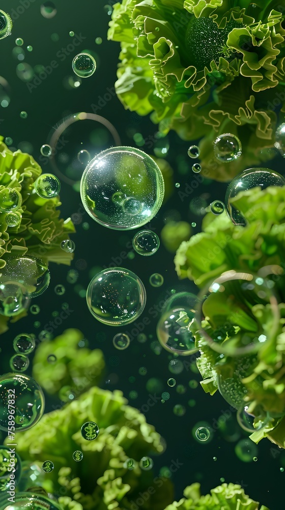 Vibrant Green Vegetables and Bubbles Create an Enchanting, Fresh Scene Perfect for Natural Elegance in Design Projects