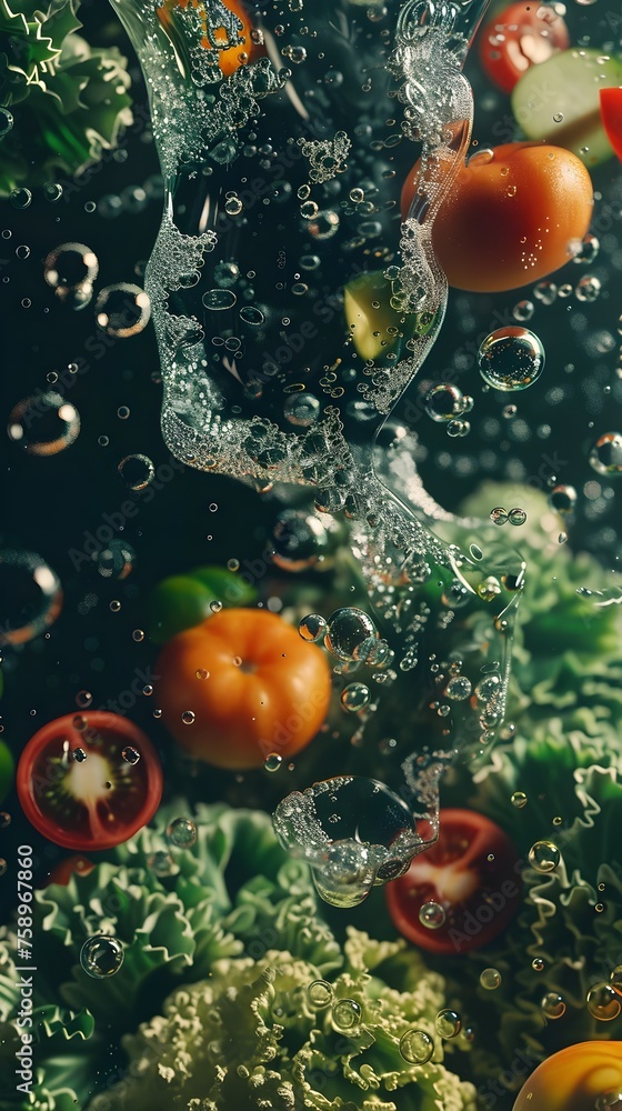 Vibrant Vegetables and Fruits Plunge into Water, Creating Bubbles in a ...
