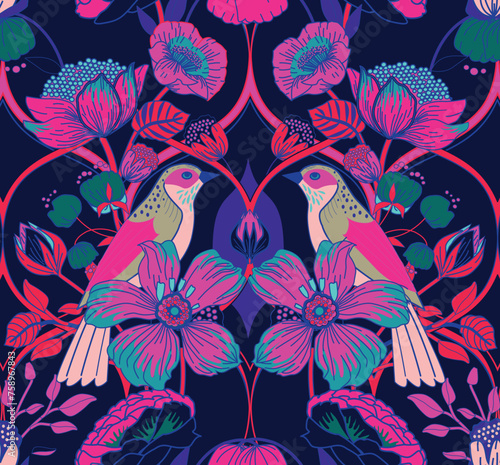  Seamless pattern with flowers, birds and leaves for textile, wallpaper, print.
