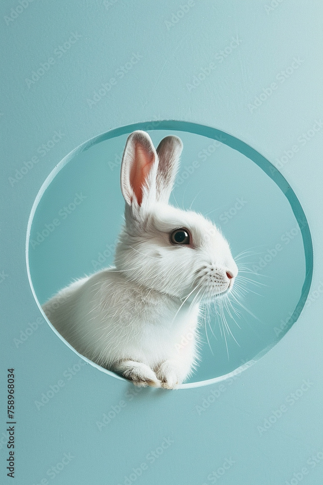 A white rabbit looking out of the colored circle A white rabbit looking out of the colored circle