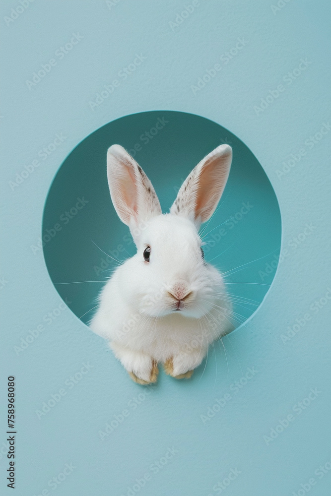 A white rabbit looking out of the colored circle A white rabbit looking out of the colored circle