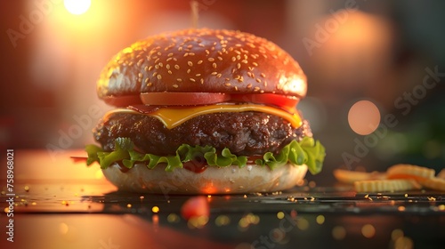 Savory Delight A Photorealistic 3D Rendering of a Juicy Hamburger Radiating Warmth and Temptation photo