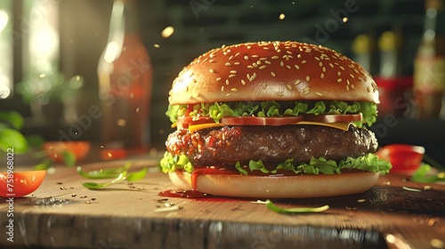 Photorealistic 3D Rendered Hamburger Elevating Fast Food Presentation with High Resolution Detail and Dramatic Lighting