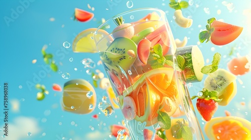Vibrant Tropical Fruit Smoothie Explosion in the Sky A Hyperrealistic 3D Rendering of Healthy Eating