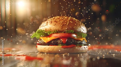 Hyperrealistic 3D Rendered Burger Advertisement Featuring Dynamic Splashes and Cinematic Lighting photo