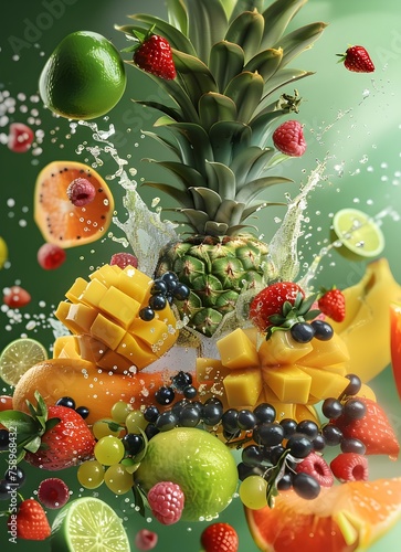 Tropical Fruit Explosion mid-air Amidst Assorted Berries on a Lush Green Background