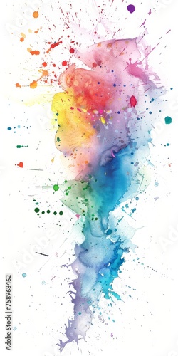 Rainbow watercolor splatter bursts with lively energy on a pure white canvas.