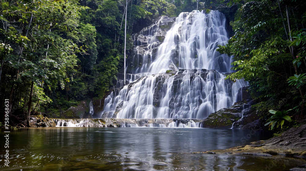 Fototapeta premium Large tropical waterfall cascading over tiered rocks into a calm forest pool surrounded by lush green foliage for nature photography and travel marketing themes.