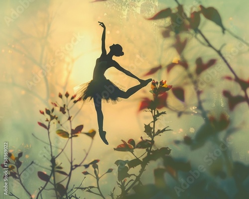 Ballet dancing flora, gentle focus, dawn backdrop, harmonious style, Pop art