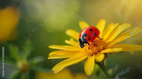 Ladybug Precision: A Vibrant Yellow Flower's Captivating Guest in Macro Photography