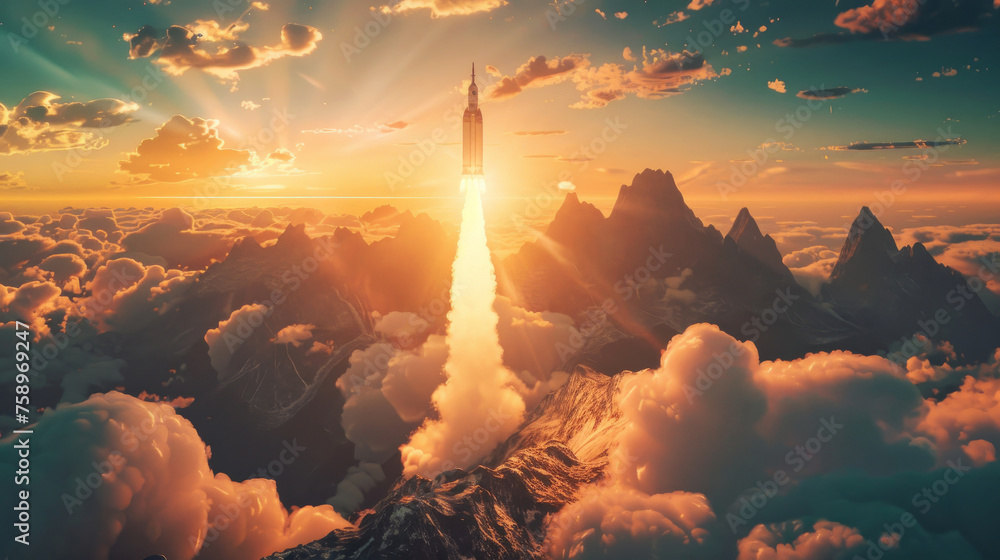 Rocket ascending over mountain peaks at sunrise with dramatic clouds. Rocket launch from Earth - obrazy, fototapety, plakaty 