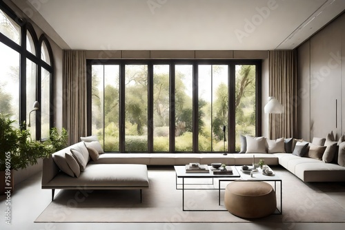 an elegant sitting area with a sofa positioned against a grid window  framing a serene view against a stucco wall  capturing the essence of contemporary design.