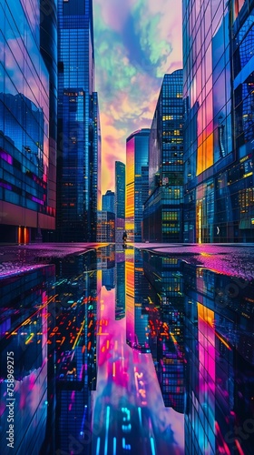 Gleaming skyscrapers at dusk, neon reflections, wide-angle, vibrant HDR, Hyper realistic