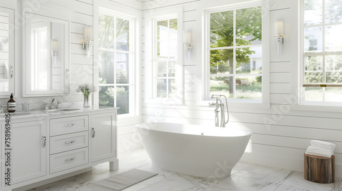 A spa-like bathroom oasis with a luxurious bathtub positioned beside a window overlooking a verdant garden