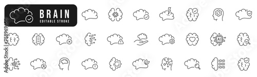 Set of brain related line icons. Mind, head, intelligence, intellect, neural etc. Editable stroke