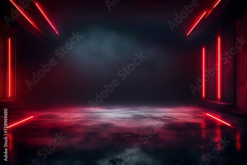 Empty scene background. Dark background of empty room, neon red light, concrete floor, smoke