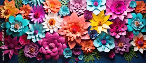 Vibrant plastic artificial flowers backdrop.