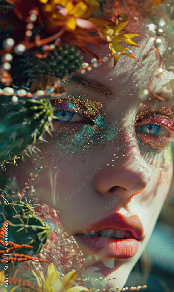 Portrait of a woman with colorful flowers and cactus plants adorning her face and hair in a creative photo concept