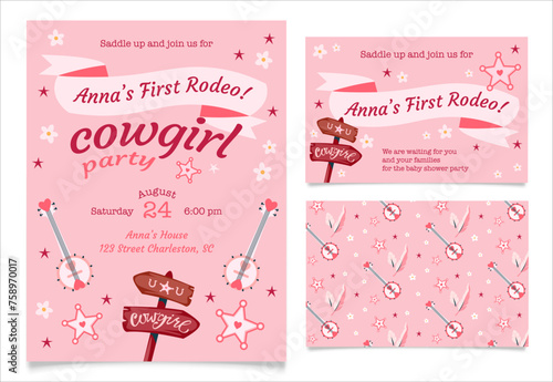 First rodeo cowgirl party pink invitation cards.