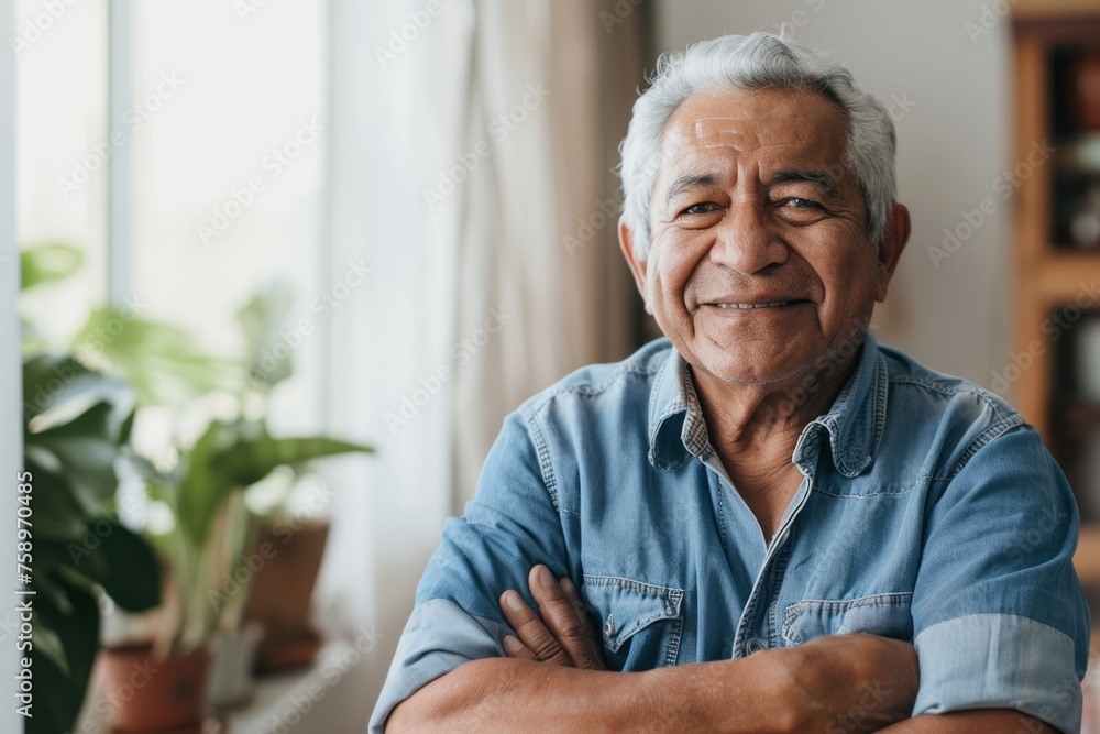 Portrait of smiling older man smiling and looking at the camera in the room at home. Portrait of smiling older man smiling and looking at the camera in the room at home.