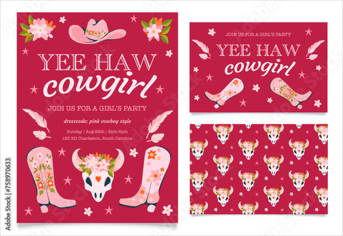 Cowgirl yeehaw birthday party invitation cards.