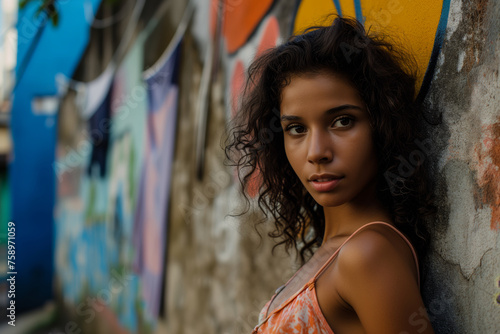 A captivating young Latina woman with curly hair leans against a graffiti-laden wall, her eyes telling a story of life in the vibrant favela. © Sascha