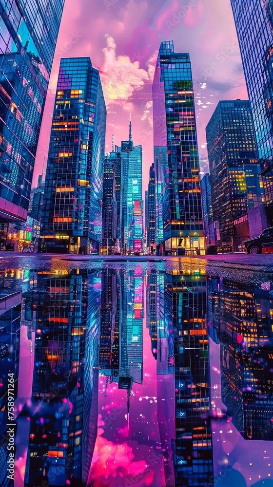 Obraz premium Gleaming skyscrapers at dusk, neon reflections, wide-angle, vibrant HDR, Hyper realistic
