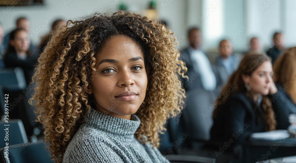 Young afroamerican student sitting in university with other learners and listen lecture. Black woman studying at university Young afroamerican student sitting in university with other learners and listen lecture. Black woman studying at university