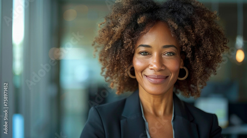 Portrait of self-confident middle-aged black businesswoman in modern office. Beautiful woman in suit smiles and looks at camera. On blurred background of office with bokeh. Close-up. Copy space.