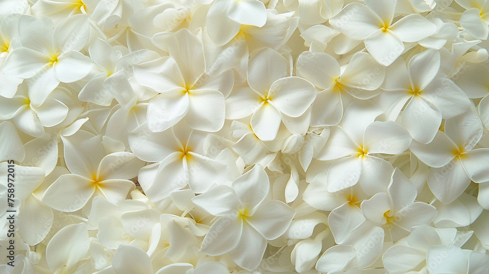 Fototapeta premium White jasmine flowers clustered together to form a soft organic texture which is ideal for use as a floral background in wedding invitations or beauty product marketing.